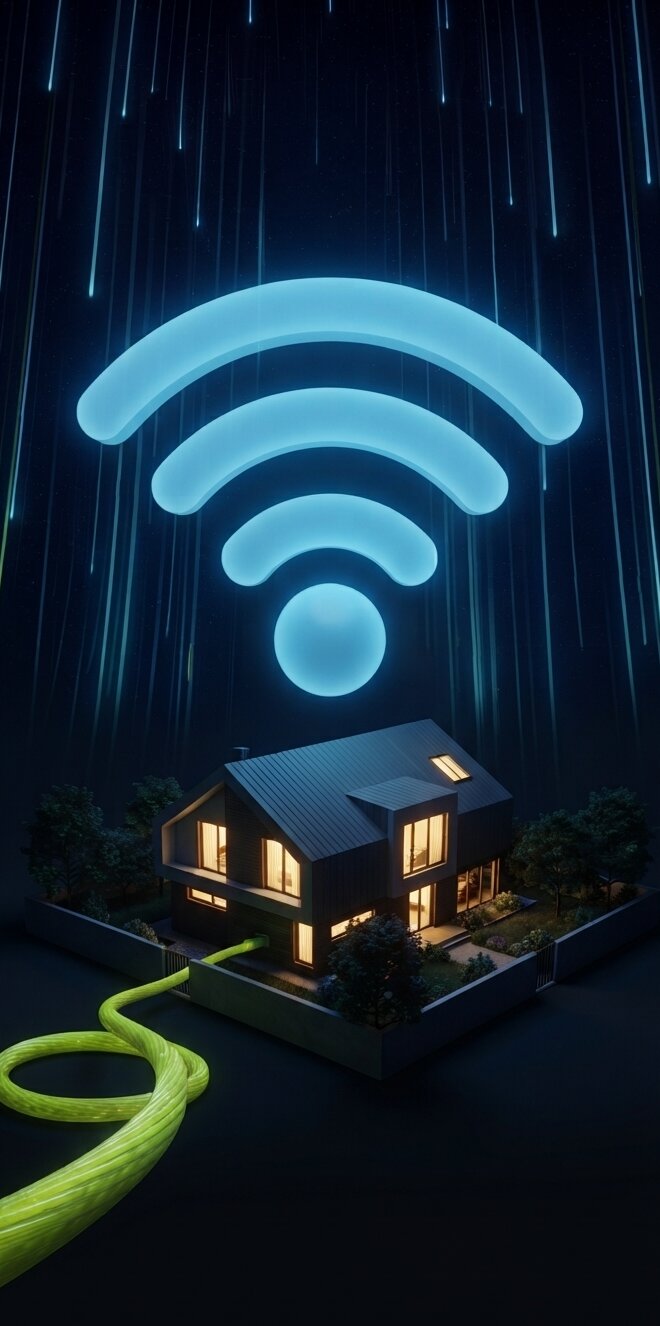 Частный дом ночью, Wi-Fi над крышей и оптоволоконный кабель